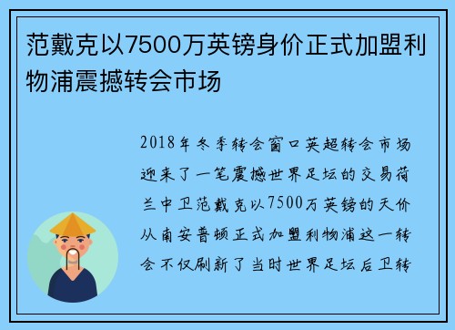 范戴克以7500万英镑身价正式加盟利物浦震撼转会市场